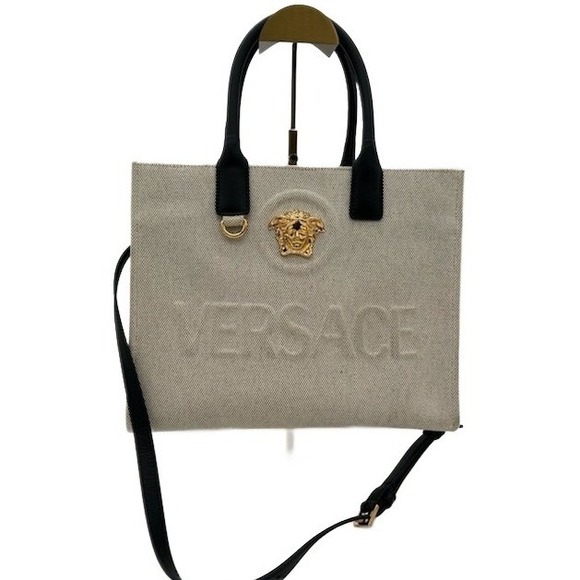 Versace Medusa Canvas Leather Tote Bag Cream Black Gold Authentic Like New